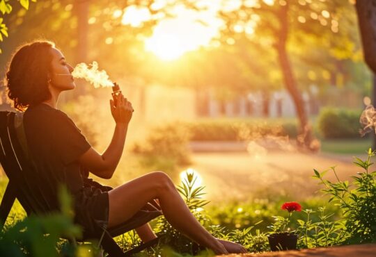 A serene person vaping CBD oil in a peaceful setting, highlighting the calming and stress-relieving benefits of CBD oil.