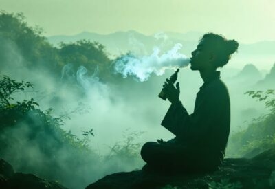 A serene illustration depicting a person peacefully vaping in a tranquil natural setting, with vapor swirling gently among elements of nature to symbolize stress relief and tranquility.