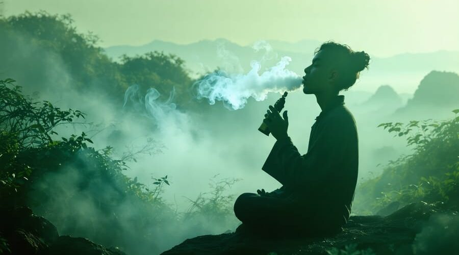 A serene illustration depicting a person peacefully vaping in a tranquil natural setting, with vapor swirling gently among elements of nature to symbolize stress relief and tranquility.